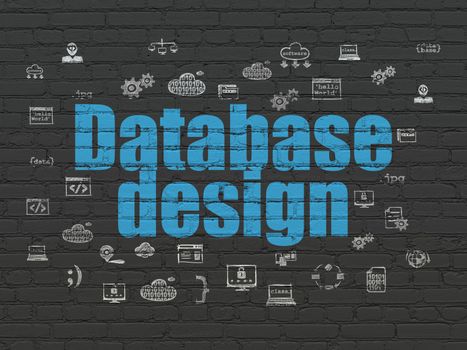 Database concept: Painted blue text Database Design on Black Brick wall background with  Hand Drawn Programming Icons