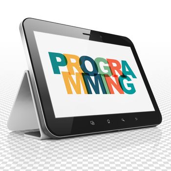 Software concept: Tablet Computer with Painted multicolor text Programming on display, 3D rendering