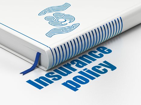 Insurance concept: closed book with Blue Family And Palm icon and text Insurance Policy on floor, white background, 3D rendering