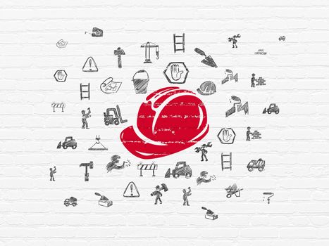 Building construction concept: Painted red Safety Helmet icon on White Brick wall background with  Hand Drawn Building Icons