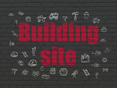 Construction concept: Painted red text Building Site on Black Brick wall background with  Hand Drawn Construction Icons