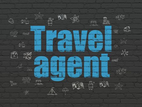 Travel concept: Painted blue text Travel Agent on Black Brick wall background with  Hand Drawn Vacation Icons