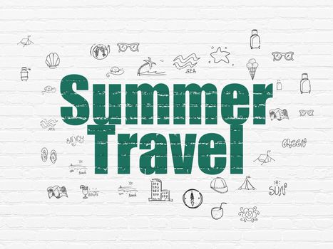 Travel concept: Painted green text Summer Travel on White Brick wall background with  Hand Drawn Vacation Icons