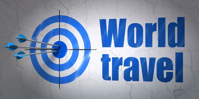 Success vacation concept: arrows hitting the center of target, Blue World Travel on wall background, 3D rendering