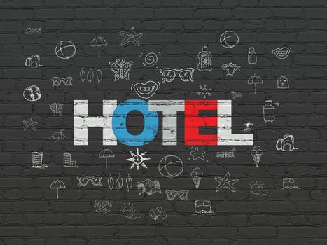 Vacation concept: Painted multicolor text Hotel on Black Brick wall background with  Hand Drawn Vacation Icons