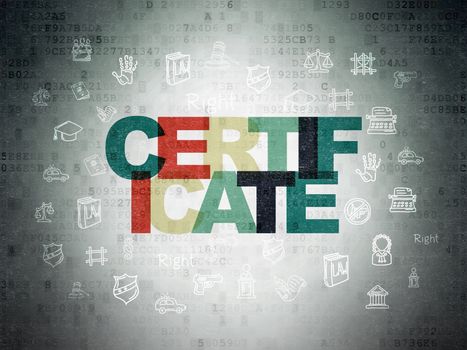 Law concept: Painted multicolor text Certificate on Digital Data Paper background with  Hand Drawn Law Icons