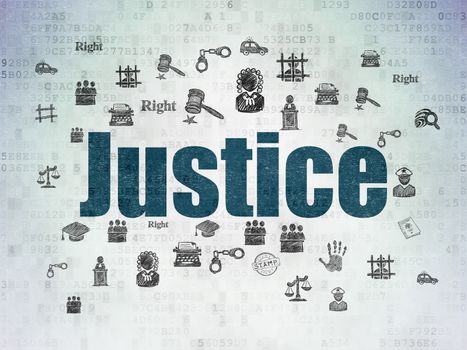 Law concept: Painted blue text Justice on Digital Data Paper background with  Hand Drawn Law Icons