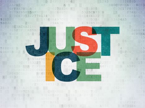 Law concept: Painted multicolor text Justice on Digital Data Paper background