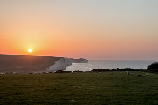Sunrise over the Seven Sisters chalk cliffs in East Sussex,England.