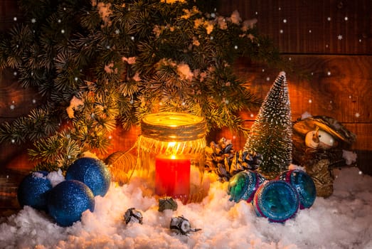 still life with festively decorated home interior with Christmas tree