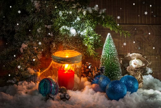 still life with festively decorated home interior with Christmas tree