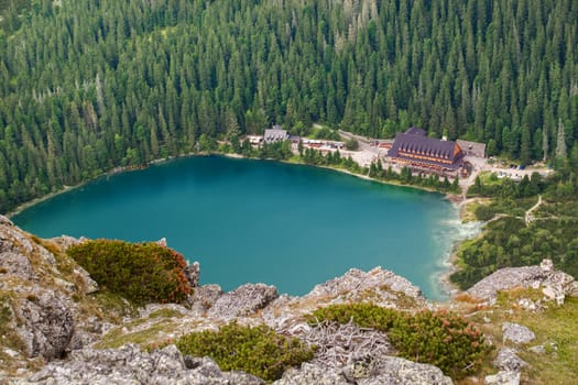 Popradske pleso lake with touristic shell house in High Tatra mountains. Top view.