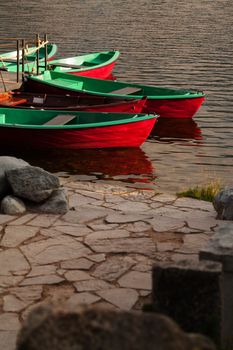 Rentals Boats at boat station on the lake named Strbske pleso. High Tatra mountains, Slovakia, Europe