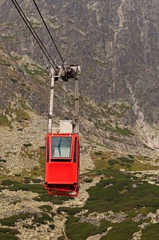 Wagon cable car against the background of Lomnicky Stit peak in High Tatra mountains, Slovakia, Europe.