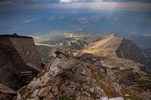 Skalnate pleso, photo from upper station of the cable railway on Lomnicky Stit peak in High Tatra mountains, Slovakia, Europe.