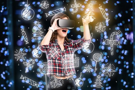 Double exposure, girl getting experience using VR glasses, being in virtual reality, choosing toys, New Year