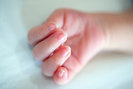 Soft focus newborn baby hand.