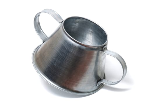 Close view of a metal rustic chestnut roaster isolated on a white background.