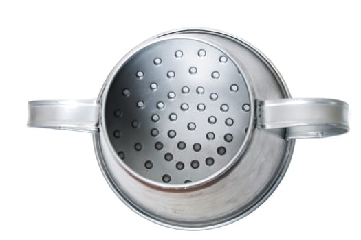 Close view of a metal rustic chestnut roaster isolated on a white background.