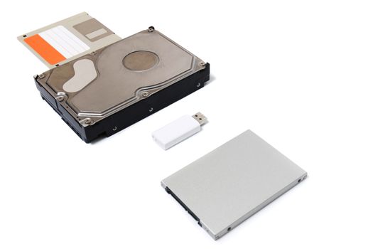 different types of storage media  isolated on a white background.