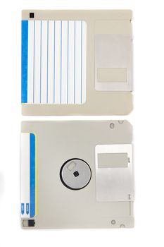 computer floppy disk, front and back view, isolated on a white background.