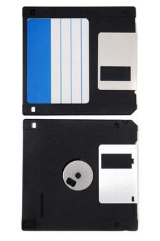 computer floppy disk, front and back view, isolated on a white background.