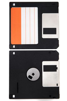 computer floppy disk, front and back view, isolated on a white background.