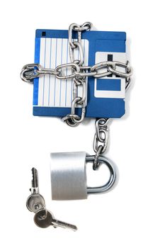 padlock with floppy disk and chain isolated on a white background.