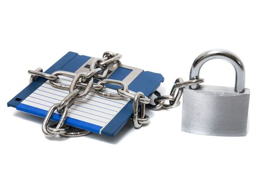 padlock with floppy disk and chain isolated on a white background.