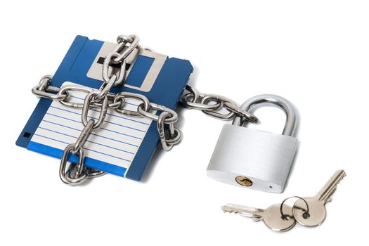 padlock with floppy disk and chain isolated on a white background.