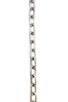 Close up view of a metal chain on a white background.