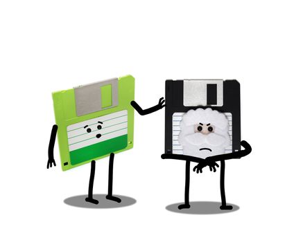 animated floppy disks concept, stick and walk.