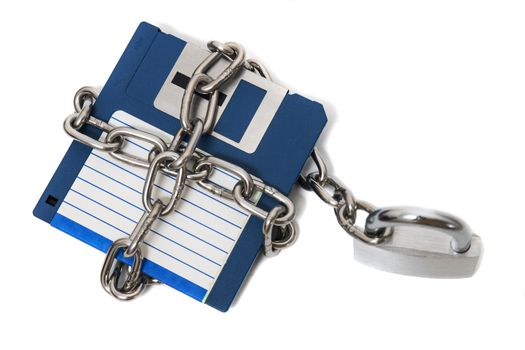 padlock with floppy disk and chain isolated on a white background.