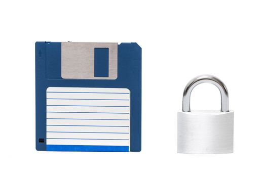 padlock with floppy disk isolated on a white background.