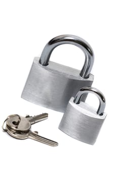 Close up view of two padlocks on a white background.