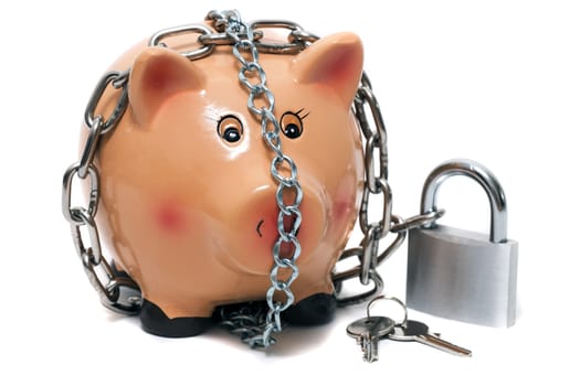 Close up view of a cute pink piggy bank with lock isolated on a white background.