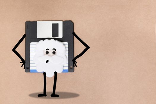 animated floppy disk concept, stick and walk figure.