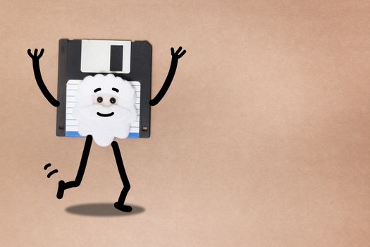 animated floppy disk concept, stick and walk figure walking.