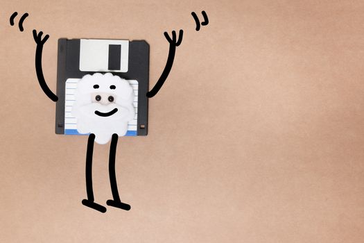 animated floppy disk concept, stick and walk figure jumping.