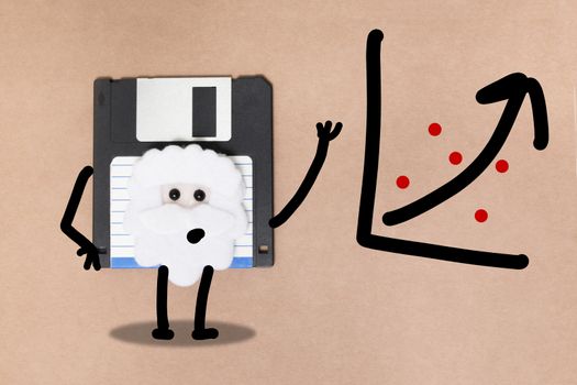 animated floppy disk concept, stick and walk figure explaining graph.