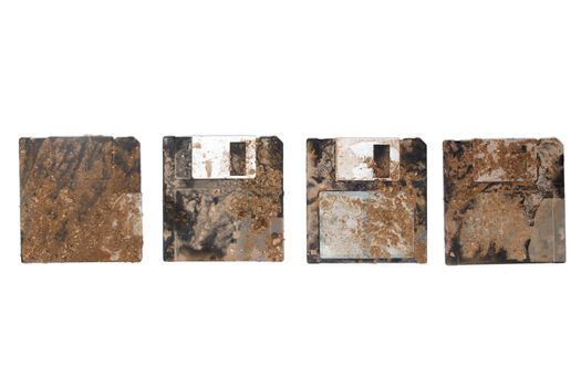 dirty computer floppy disks,  isolated on a white background.