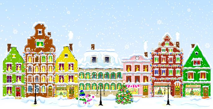 City street in winter. Christmas Eve. The winter vacation. The houses are covered with snow. Snow on a city street. Houses decorated before the winter holidays.                                                                                                        