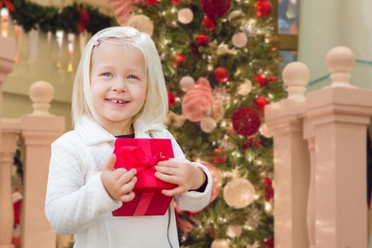 Happy Young Girl Holding Gift Box In Front of Decorated Christmas Tree.