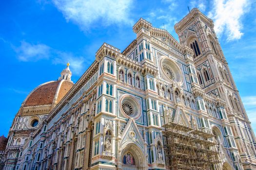 Wide angle view of The Cathedral of Santa Maria del Fiore with renovation going on.