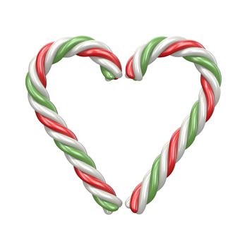 Christmas decoration heart made of candy canes 3D render illustration isolated on white background