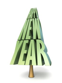 Abstract Christmas tree made of words HAPPY NEW YEAR 3D render illustration isolated on white background