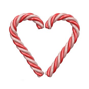 Christmas decoration heart made of candy canes 3D render illustration isolated on white background