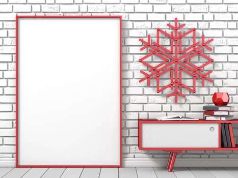 Mock up blank picture frame, Christmas decoration popsicle sticks snowflakes 3D render illustration