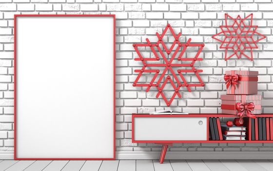Mock up blank picture frame, Christmas decoration popsicle sticks snowflakes and striped gifts 3D render illustration