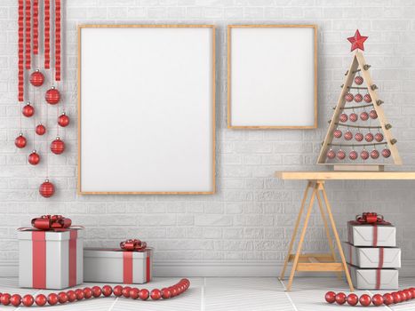 Mock up blank wooden picture frame, Christmas decoration and gifts 3D render illustration